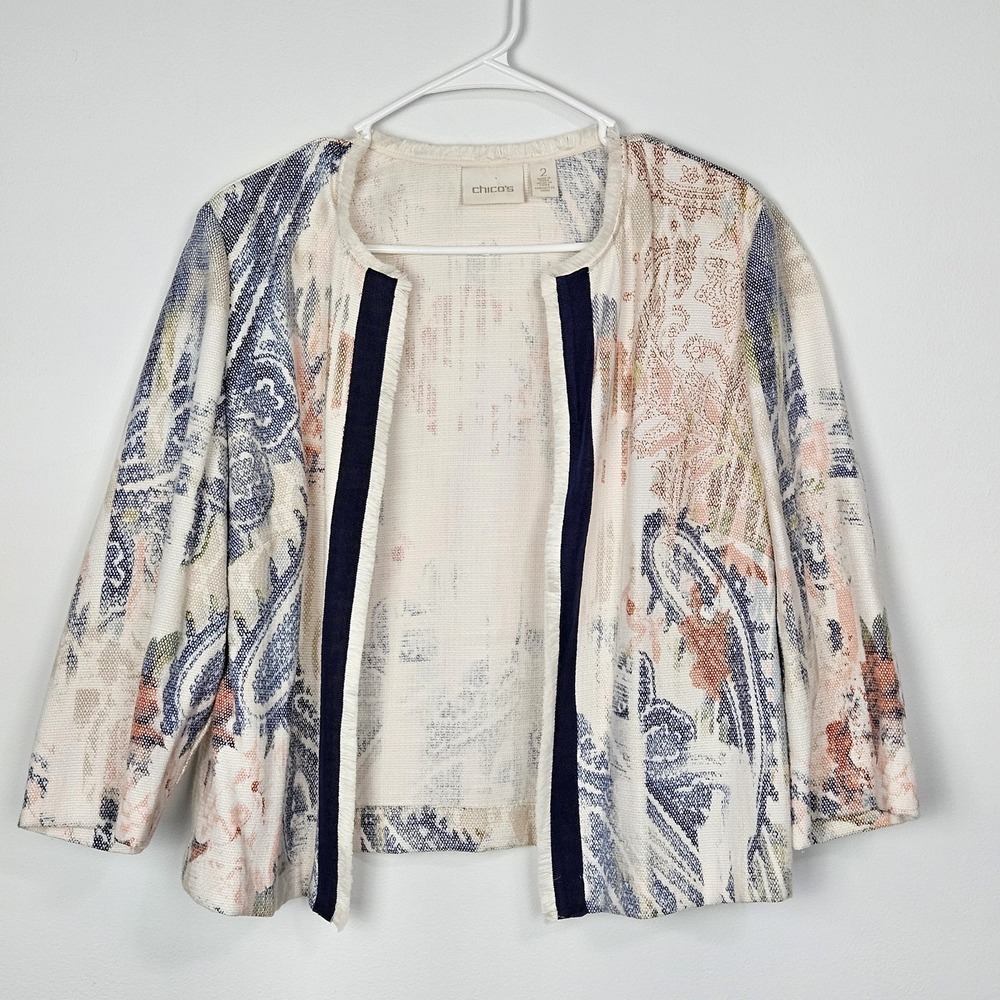 Chico's Jacket Sz 2 US L Paisley Watercolor Textured Open Front Blazer Fringe